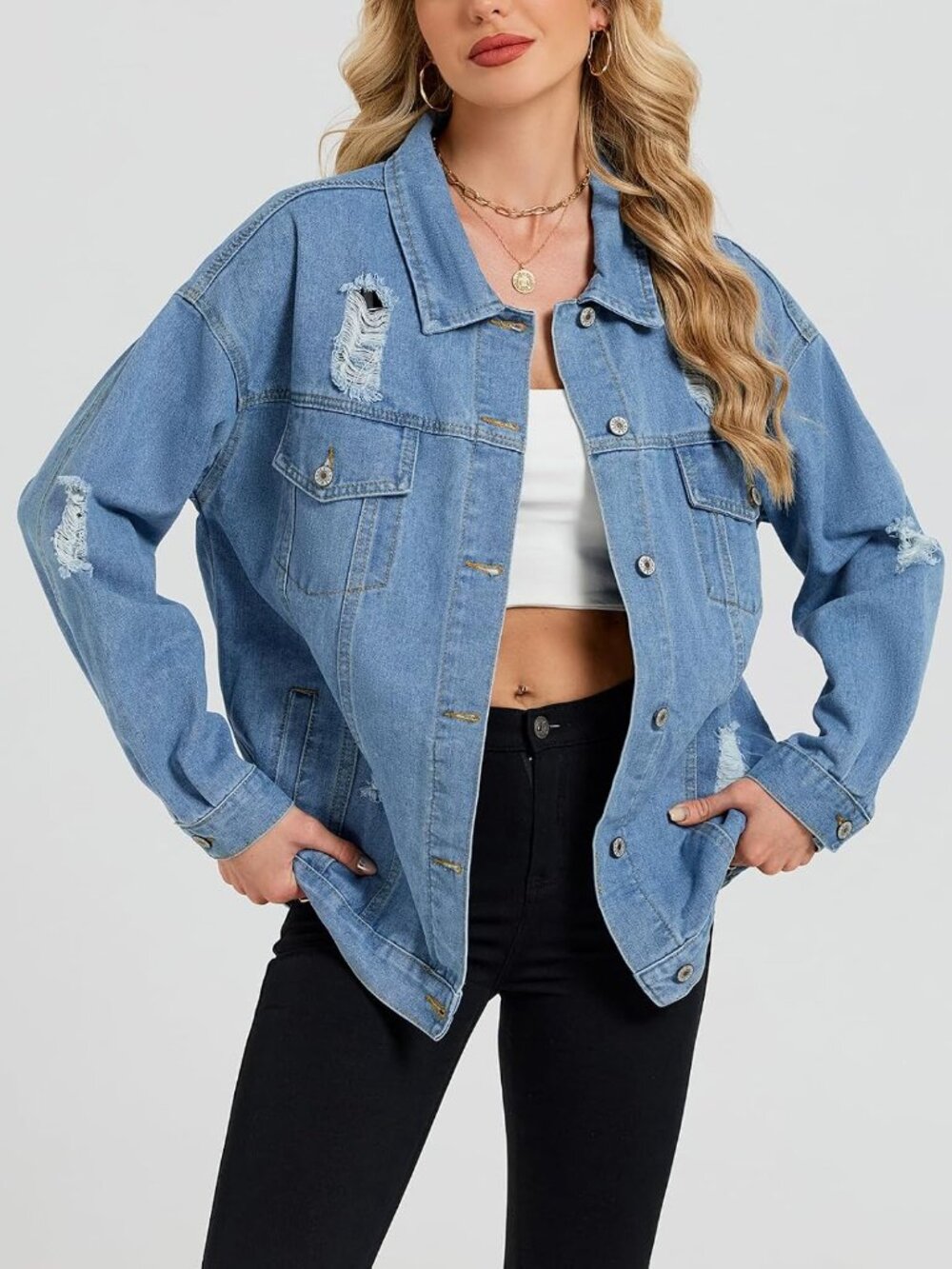 〽️Women's Blue Light Wash Oversized Distressed Denim Boyfriend Fit Jean Jacket - Picture 4 of 6